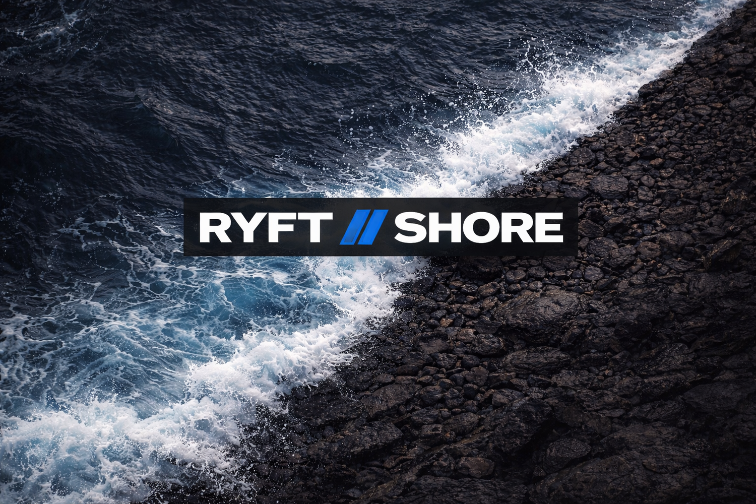 Ryft Shore logo over a dramatic ocean scene with waves crashing against rocks.